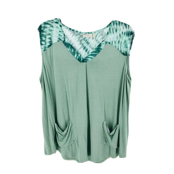 LOGO by Lori Goldstein Plus Green Knit Top W/ Printed Chiffon Shoulder Detail 1X - Picture 1 of 5